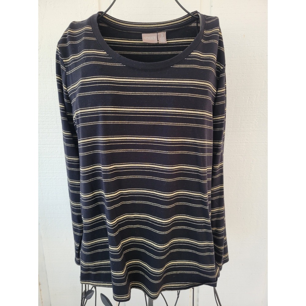 Chicos Womens Long Sleeve Top Size 3 Striped Stretch Knit Metallic XL Black Gold